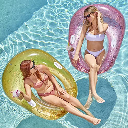 Sloosh 2 Packs Inflatable Pool Float Chair, 51” X 41” Pool Float Lounge Tube With Cup Holders For Adults Water Pool Floaties Outdoor Summer Pool Party (Yellow/Pink) #TOP23