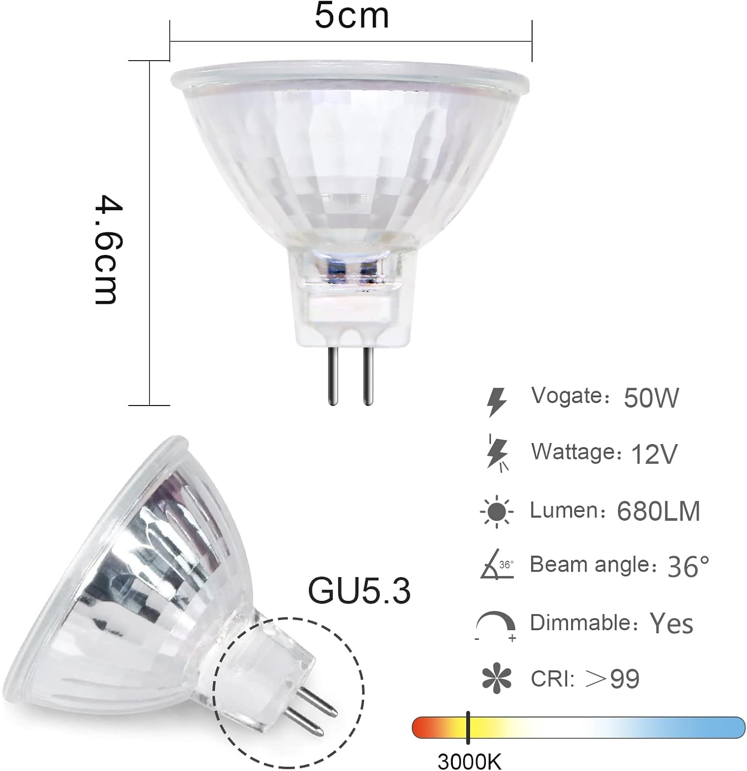 Comyan MR16 Halogen Light Bulbs 50W 12V GU5.3 Spotlight Bulbs 2 Pin Base 4000 Hrs Lifespan Dimmable MR16 Halogen Bulb 36° Beam Angle 3000K Warm White Dichroic - Image 3