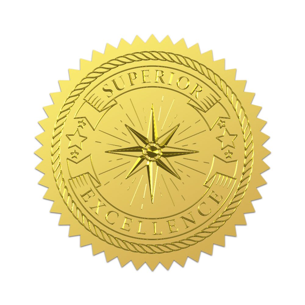 WADORN 100Pcs Superior Excellence Gold Foil Stickers, 2 Inch Star Gold Envelopes Seals Starlight Round Self Adhesive Embossed Seal Labels for Diplomas Invitation Gift Wrapping Graduation Envelopes