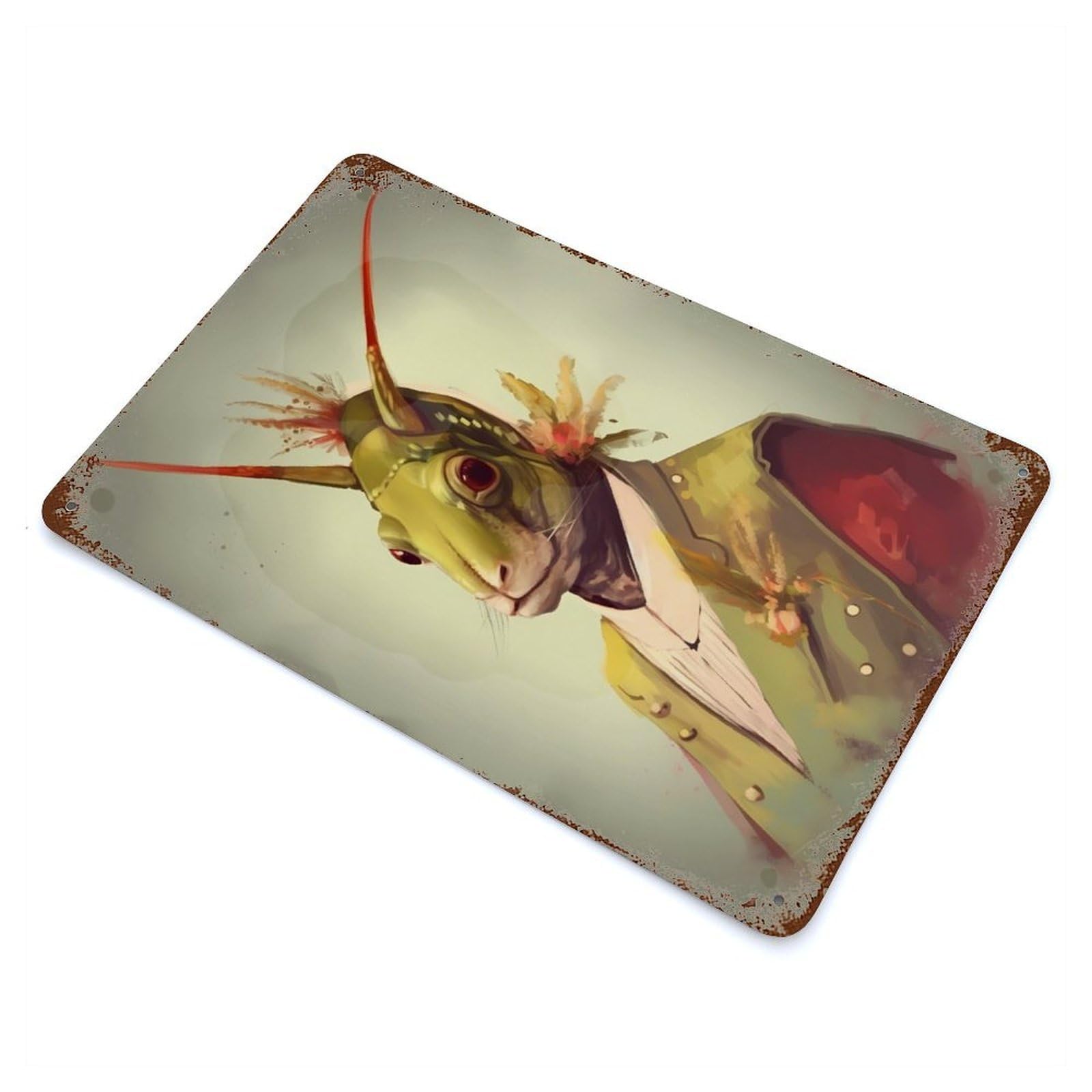 Rustic Tin Plaque Grasshopper Unrealism 11.8"x7.9", Retro Wall Decor for Shed, Workshop And Garage Wall Decor