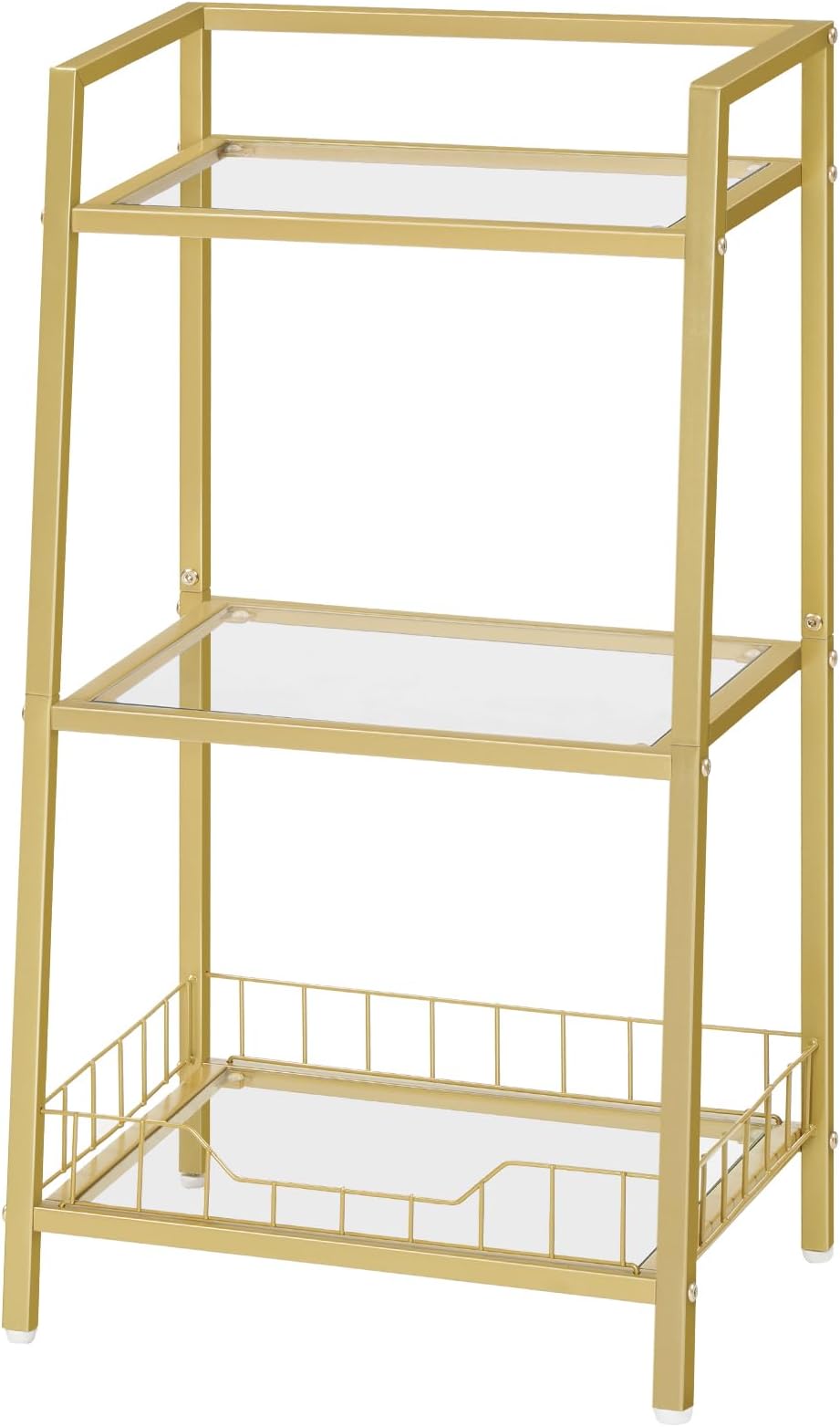 HOOBRO Glass Ladder Shelf Stand, 3 Tier Floor Standing Bathroom Shelves, Floor Shower Ladder Shelf with Tempered Glass, Gold Bathroom Shelf Stand for Bedroom, Laundry Room, Toilet, Gold EGD77CJ01