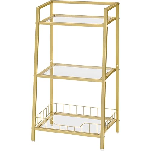 HOOBRO Gold Glass Shelf Stand, 3 Tier Standing Shelf Unit, Bathroom Organizer and Storage, Floor Storage Shelves Waterproof, for Bathroom, Laundry, Toilet, Tempered Glass, Gold GD77CJ01