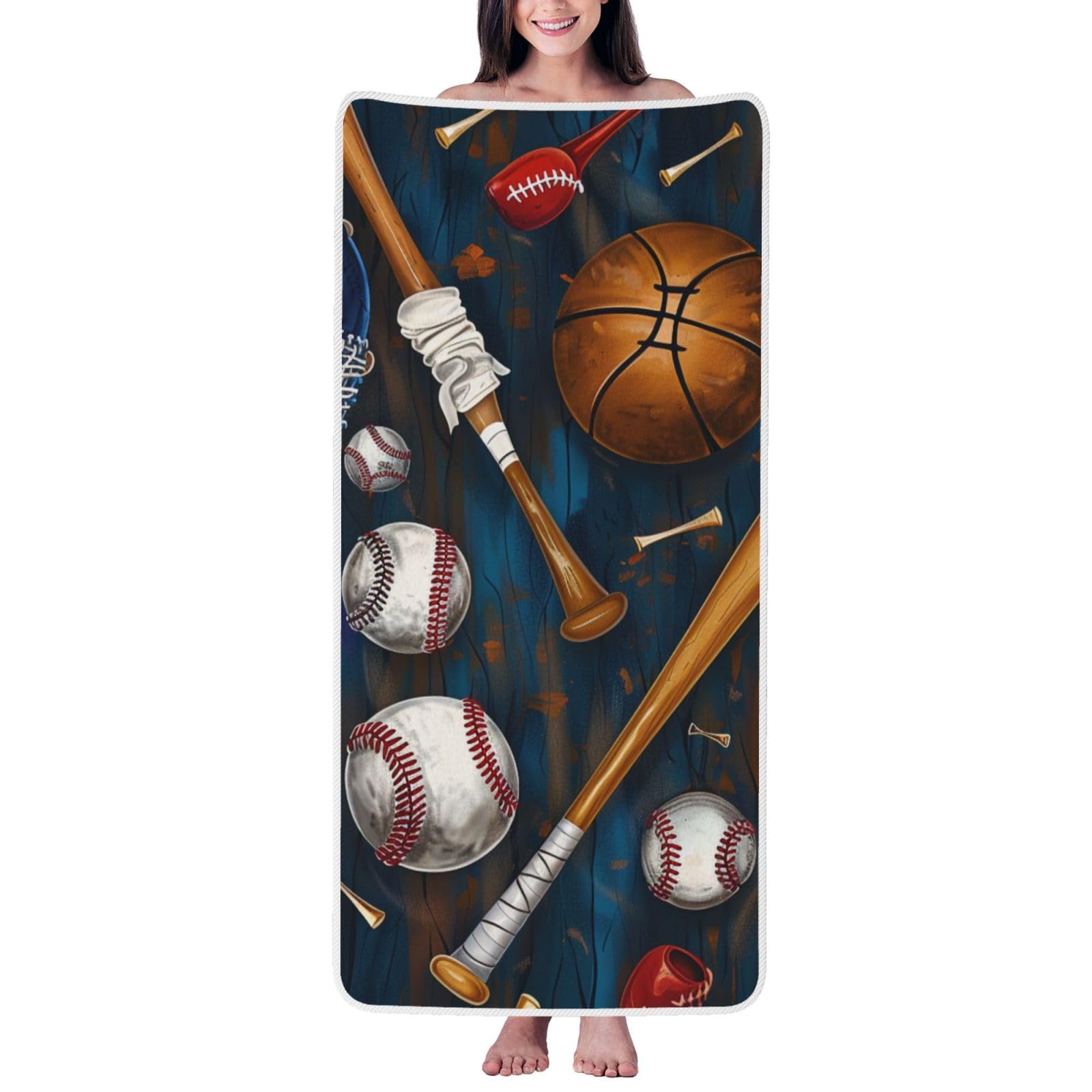 WPKJU Baseball Basketball Football Hockey Printed Bath Towel with White Edging - 27x55 in Soft Extra Absorbent Coral Velvet Shower Towels for Bathroom