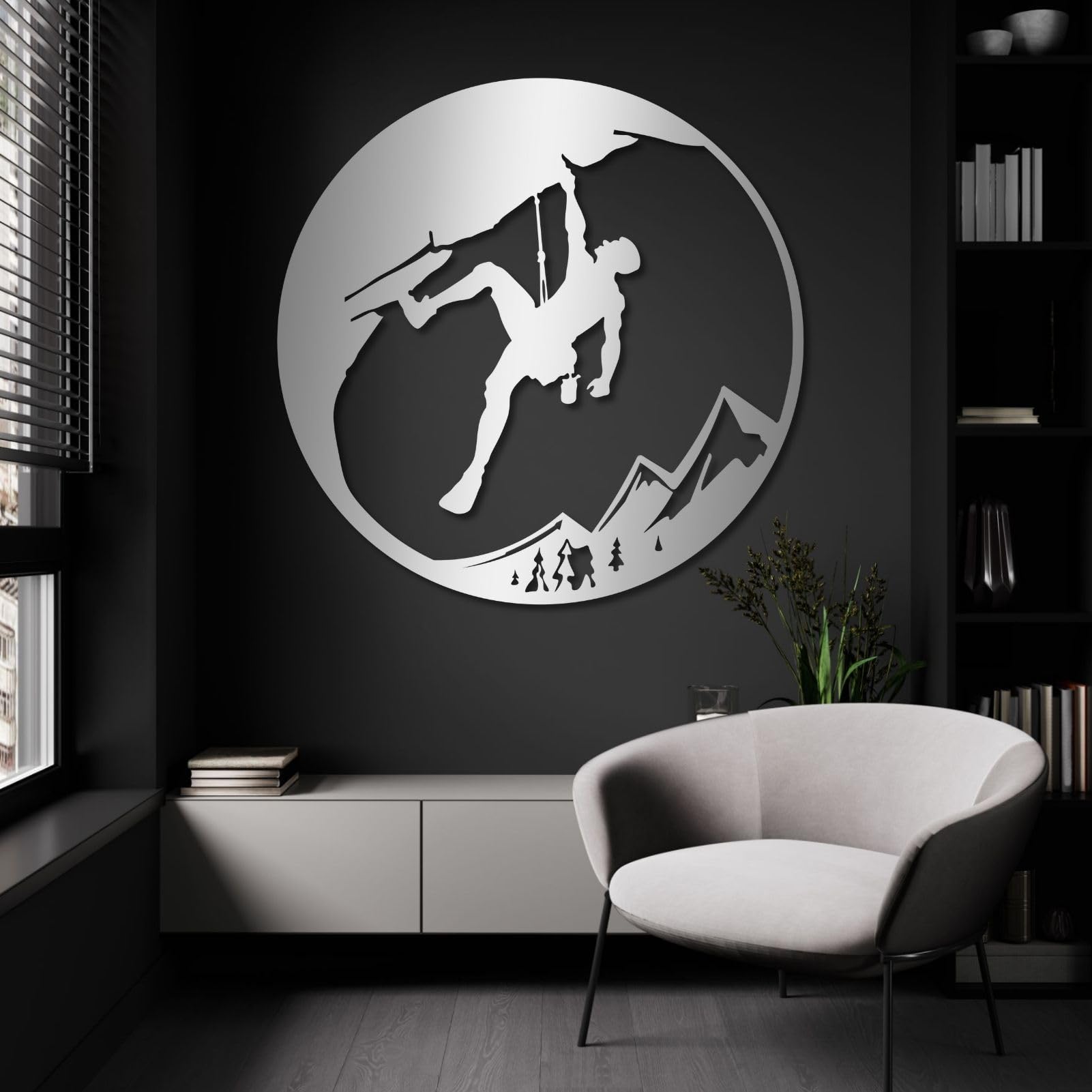 Großes abstraktes Wandbild aus Metall, Motiv: Felskletterer, Dekoration für Klettersport, Dekoration für Bergabenteuer im Freien, für Wohnzimmer, Schlafzimmer, Büro, Männerhöhle (Silber, 47 cm B