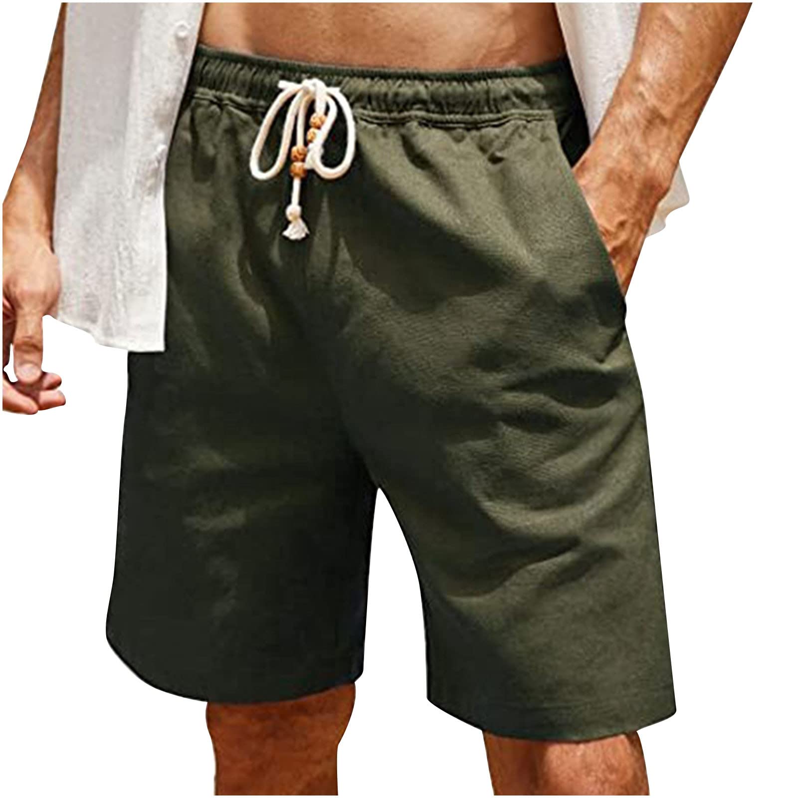 Guhmomh Shorts Herren Sommer Baumwolle Kurze Hosen Leinenhose Kurz Freizeithose Sporthose Bermuda Sommerhose Leicht Atmungsaktiv Jogginghose Casual Leinen Strand Laufhose Baggy Wanderhose Armeegrün S