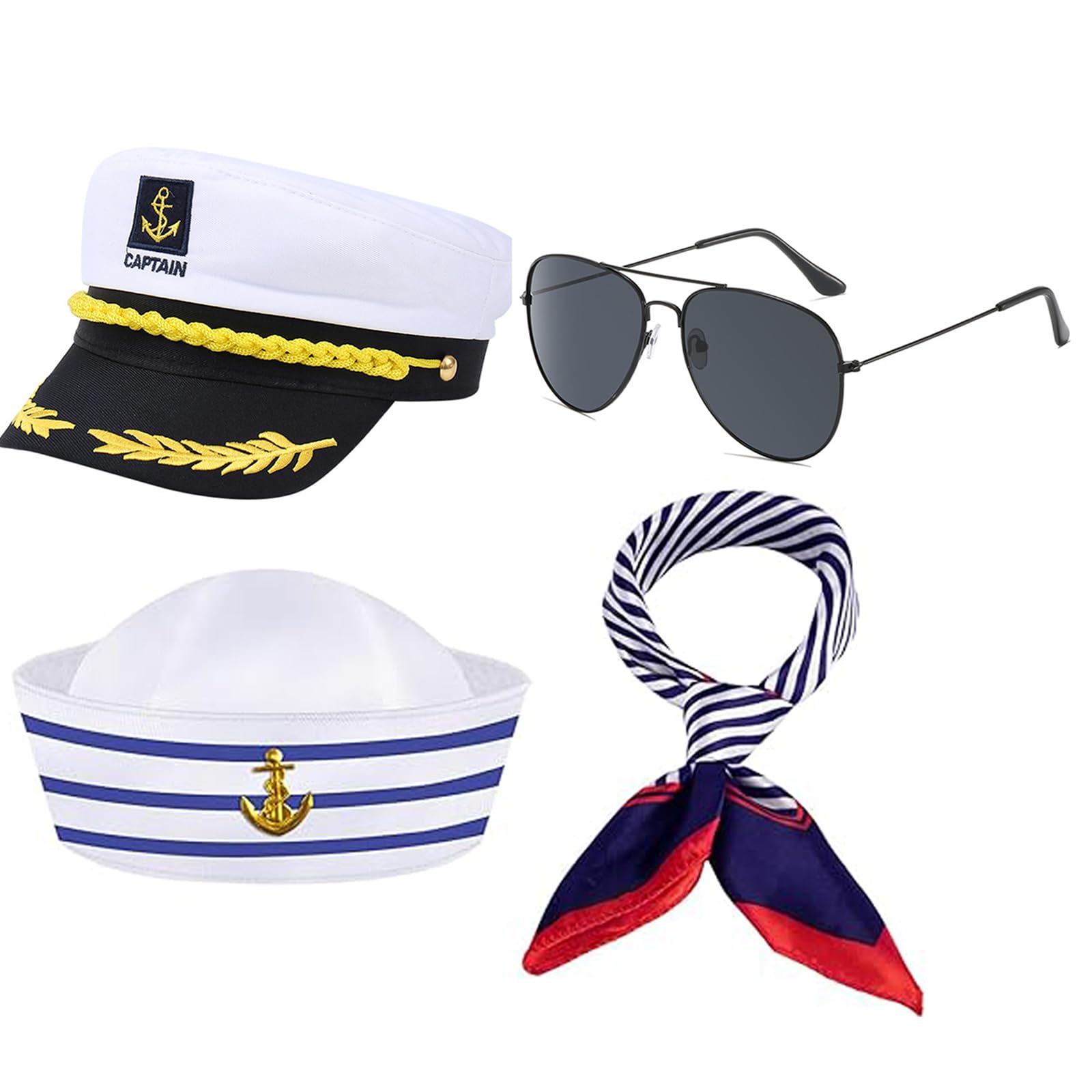 GYTFOG 4 Pcs Captain Sailor Costume Set, Includes Captain Hat, Sailor Hat, Scarf and Sunglasses, Nautical Yacht Navy Costume Accessories Kit for Men Women Cosplay Party Stage Performance Fancy Dress