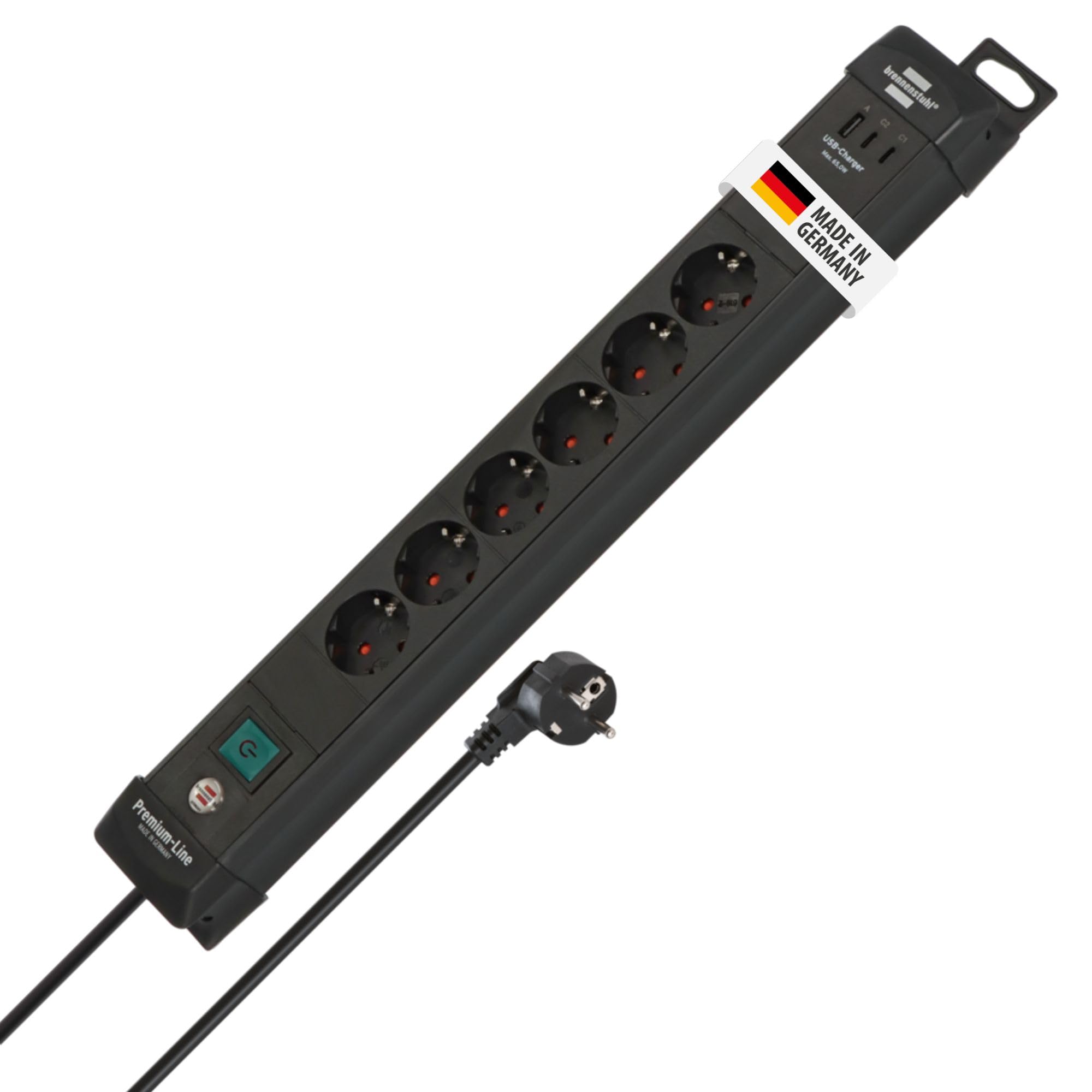 Brennenstuhl Premium-Line regleta de enchufes de 6 vías con 2X USB C PD 65W y USB A 18W (Made in Germany, regleta con Interruptor y Cable de 3m, para Montaje en Pared) Negro