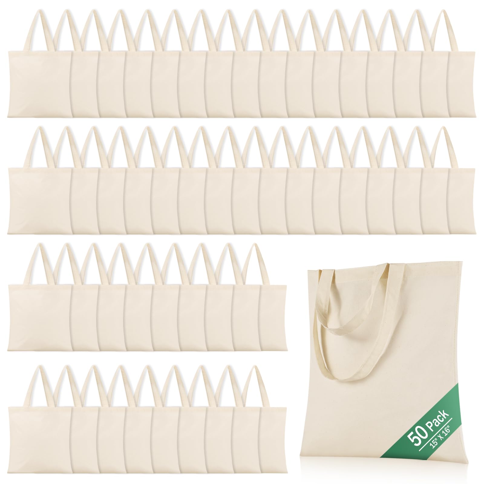 OKBA 50 Pack 15'' X 16'' Cotton Tote Bags for Painting,Lightweight Thin Tote Bags Bulk Reusable Grocery Shopping Cloth Bags，Suitable for Crafts, DIY,