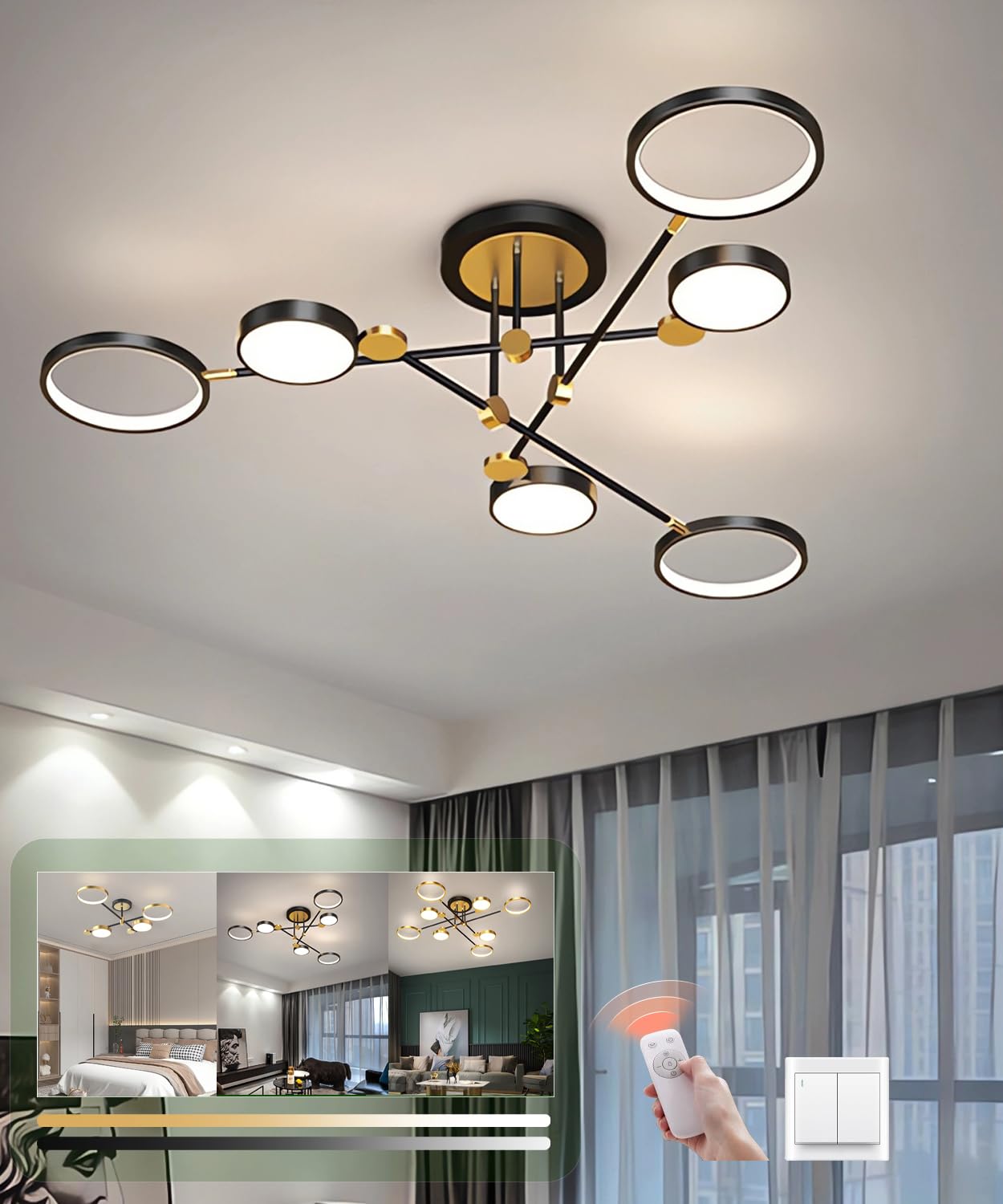 LIYYANG Modern LED Ceiling Light 6 Heads Dimmable Living Room Ceiling Light Bedroom Ceiling Lamp for Office Kitchen Dining Room Chandelier (Black, 6 Heads)