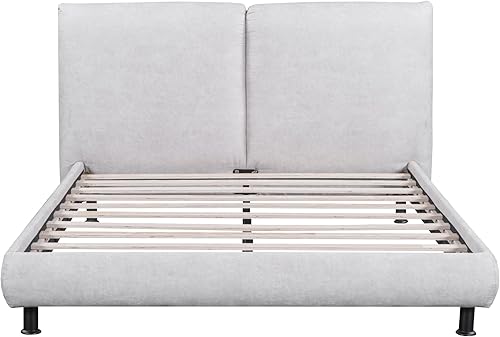 Miniatura 5 de JIVOIT Cama de plataforma tapizada de tamaño matrimonial, cama tapizada de terciopelo con cabecero y estribo, soporte de listones de madera, base de