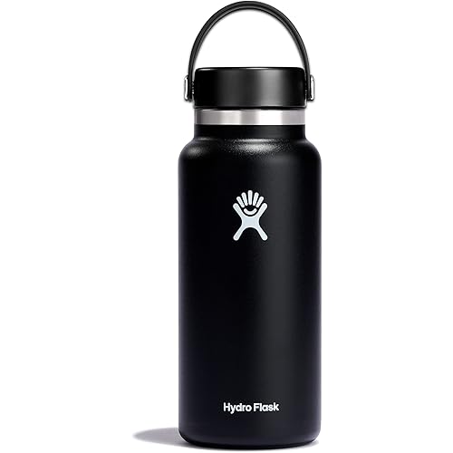 Hydro Flask Water Bottle - Insulated Stainless Steel - Wide Mouth Flex Lid, Non Spill, Leakproof and Refillable in 32 Oz Black