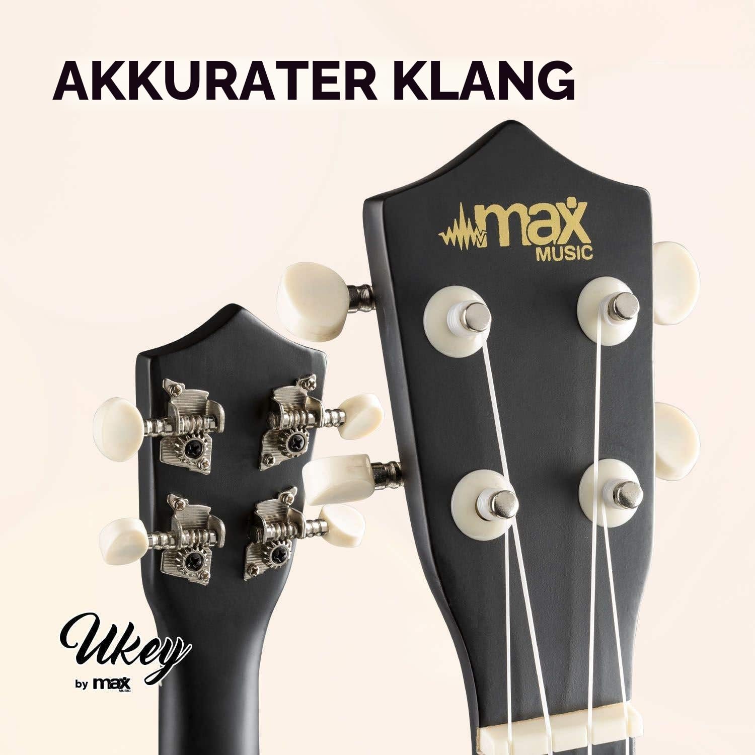 MAX UKEY Ukulele Komplett Set inkl. Plektren, digitalem Stimmgerät und Tasche, 21" mini Gitarre, Ukulele Erwachsene mit Zubehör für Anfänger, Soprano, 4 Nylon Saiten, 12 Bünde - Schwarz