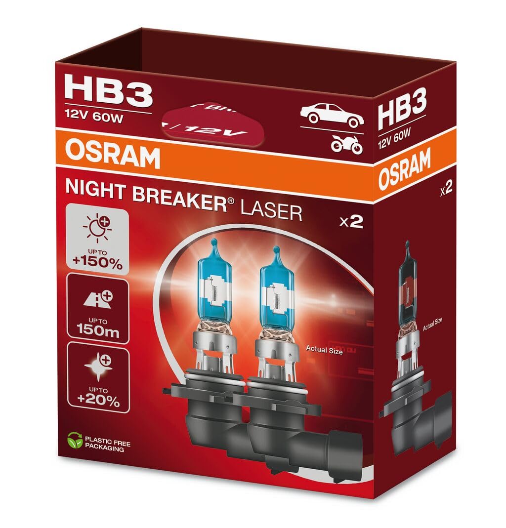 OSRAM NIGHT BREAKER LASER HB3, +150% more brightness, halogen headlight lamp, 9005NL-2HB, 12V, Hanging folding box (2 lamps)