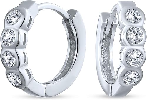 Classic Dainty Round AAA Cubic Zirconia Solitaire Clear Green CZ Small Hoop Huggie Earrings For Women Teens .925 Sterling Silver