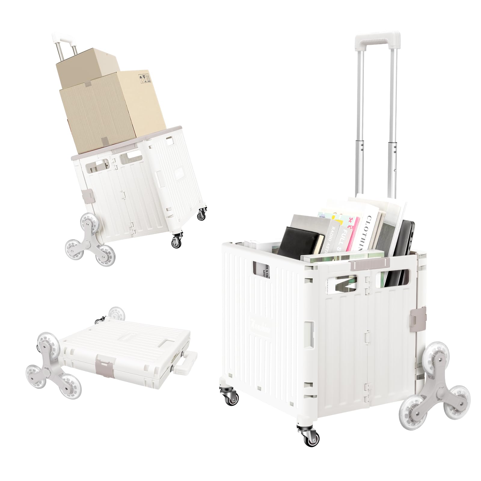 Collapsible Rolling Crate for Stair Climbing : Rolling Cart for Shopping Teacher Laundry (Milky White)