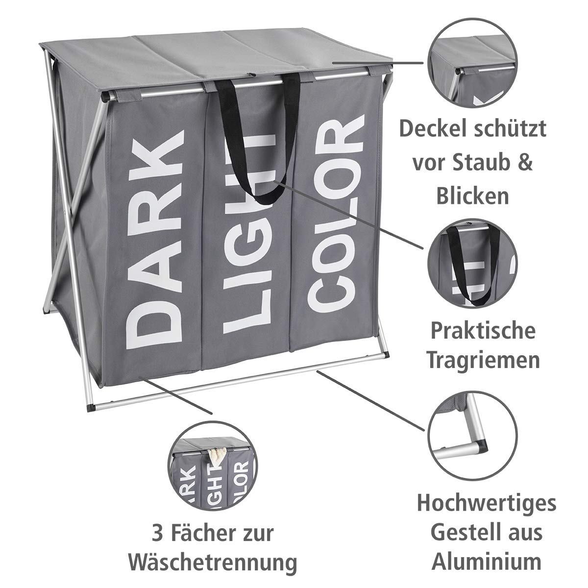 WENKO Wäschesammler Trio Top, Wäschekorb 3 Fächer mit Deckel und Tragegriffen, 118 Liter Volumen, (B x H x T): 57 x 57 x 38 cm, Grau