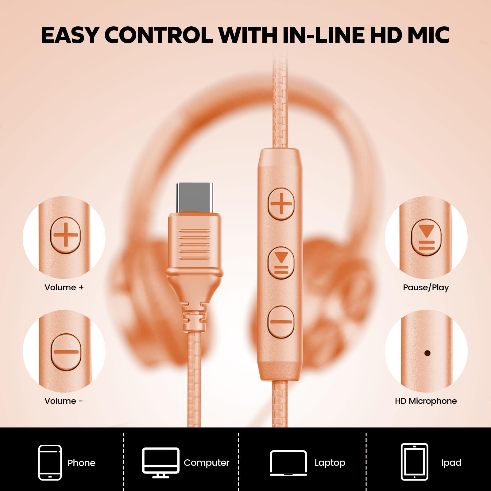 Cowyawn Cuffie USB C cablate, over-ear, con cavo USB C, con microfono, controllo del volume, suono stereo HD, cuffie pieghevoli USB tipo C per adulti/ragazzi/laptop/computer/iPhone 15/16/17, arancione