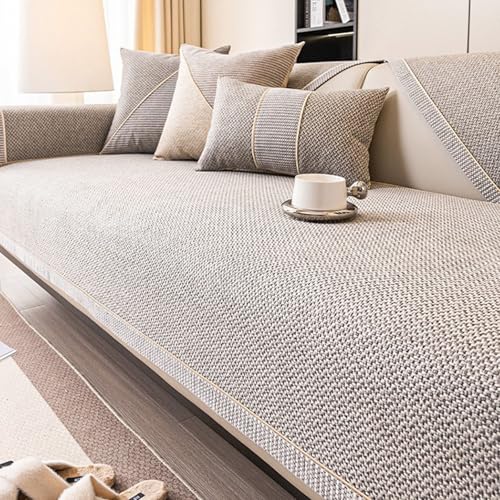 Modern Woven Cotton and Linen Sofa Cover, Couch Cover for Loveseat/3 Cushion/L Shaped/Chaise Lounge Couch/Sectional Couch, Anti-Slip Solid Sofa Slipcover (Gray,110 * 180cm/43.3 * 70.8in)