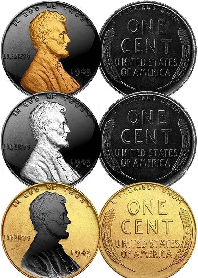 1943 Genuine Steel Wartime Wheat Penny U.S. Coin Set of 3 Rare Metal Versions (Black Ruthenium, Silver, 24K Gold)