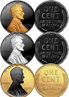 1943 Genuine Steel Wartime Wheat Penny U.S. Coin Set of 3 Rare Metal Versions (Black Ruthenium, Silver, 24K Gold)