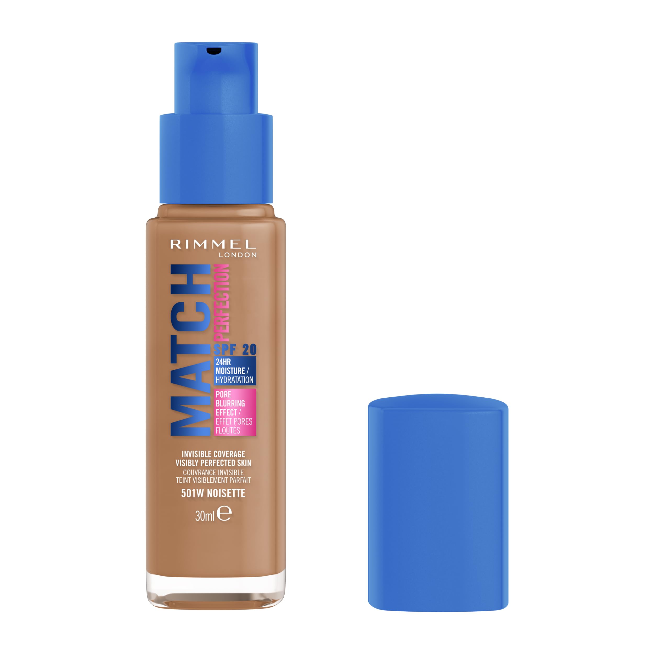 Rimmel Match Perfection Foundation, 501C Noisette, Invisible Coverage, Pore-blurring, Medium coverage. Visibly perfected skin. SPF20, 30ml, Cruelty Free