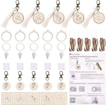 FREEBLOSS 5 Set Embroidery Keychain Kit with Mini Embroidery Hoops Stamped Mini Needlepoint Kit Cross Stitch Kits with Instruction for Beginners DIY Jewelry Pendant