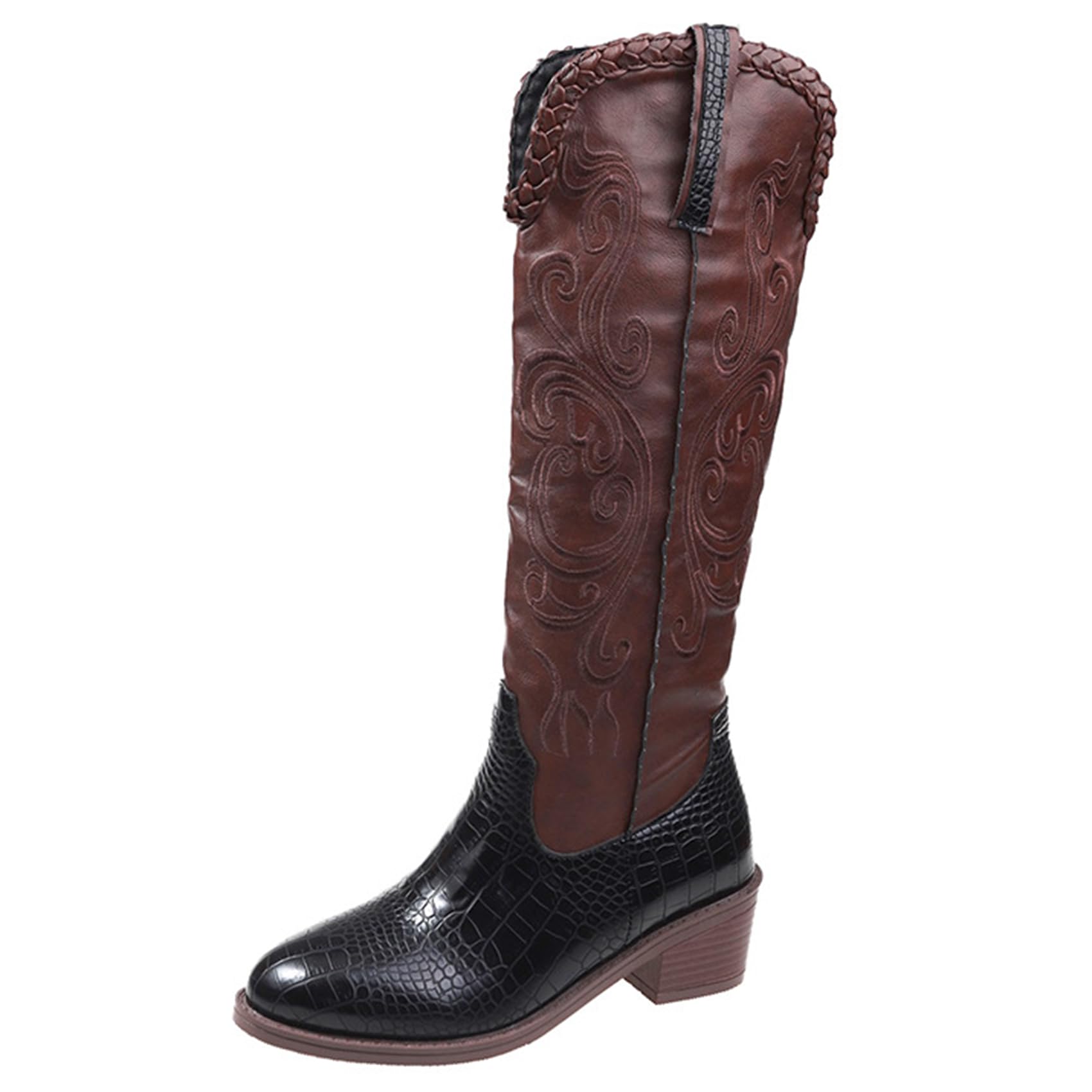 Stivali da Equitazione per Motociclista in Pelle da Donna, Stivali da Lavoro Classici Antiscivolo, Stivali Western Tradizionali Patchwork Ricamati per Il Turismo