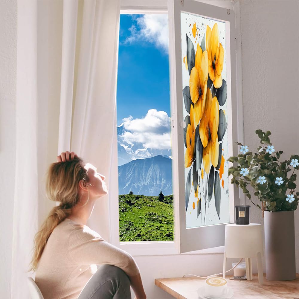 Aquarell-Blumen-Fensterfolie, Retro, gelbe Blumen, schwarze Blätter, Milchglas-Fensterfolie, dekorativ, statisch haftend, für Glas für Zuhause, 90 x 140 cm