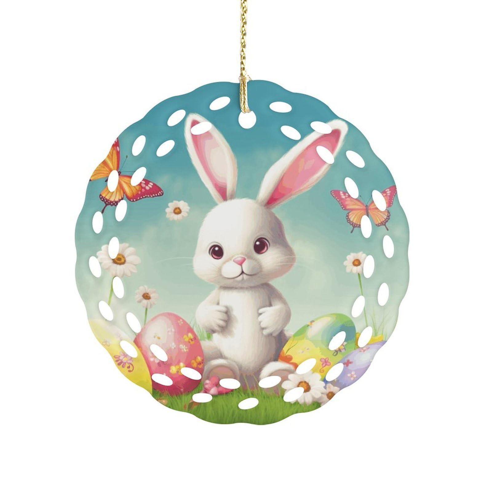 Fodpand Women's Style Easter Bunny With Eggs And Spring Butterfly Ceramic Ornament For Home Decor 3.2" Round Tree Decoration Christmas Ornaments For Men Double-Sided Design
