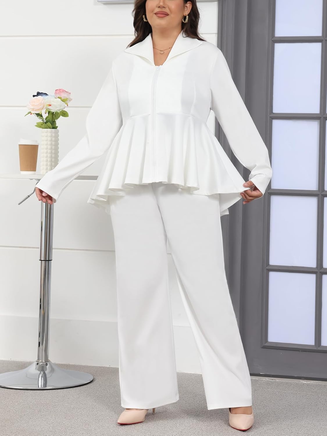 Women's Plus Size Two Piece Sets Long Sleeve Zip Up Peplum Jacket Wide Leg Pant Suits Dressy Business Casual Outfits - Image 3