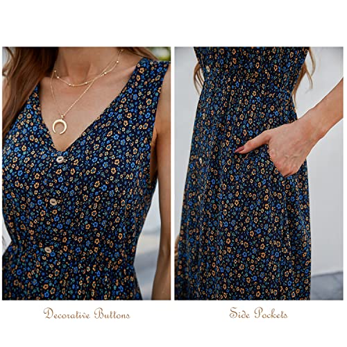 Image of BROVAVE Women Summer Bohemian Floral Print V Neck Sleeveless Sundress Flowy Casual Midi Dress