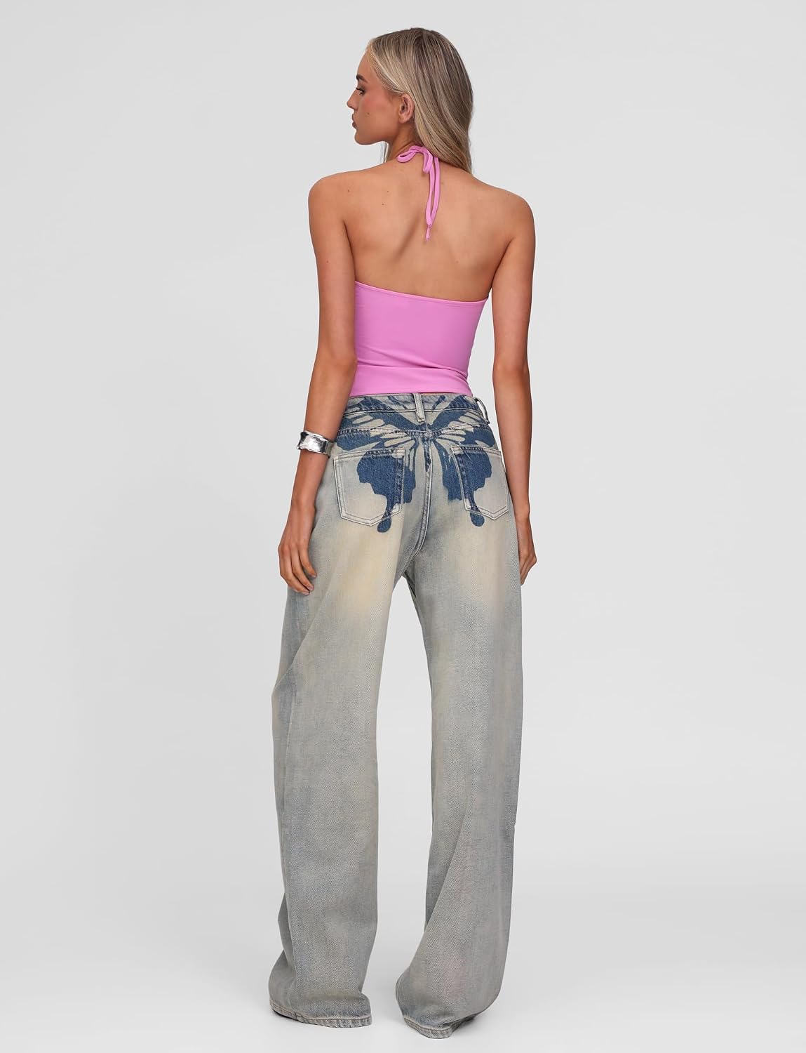 Tiger Mist Women’s Zanthe Baggy Jeans - Low Rise Wide Leg Denim with Butterfly Back Graphic - Vintage Wash - L image 4