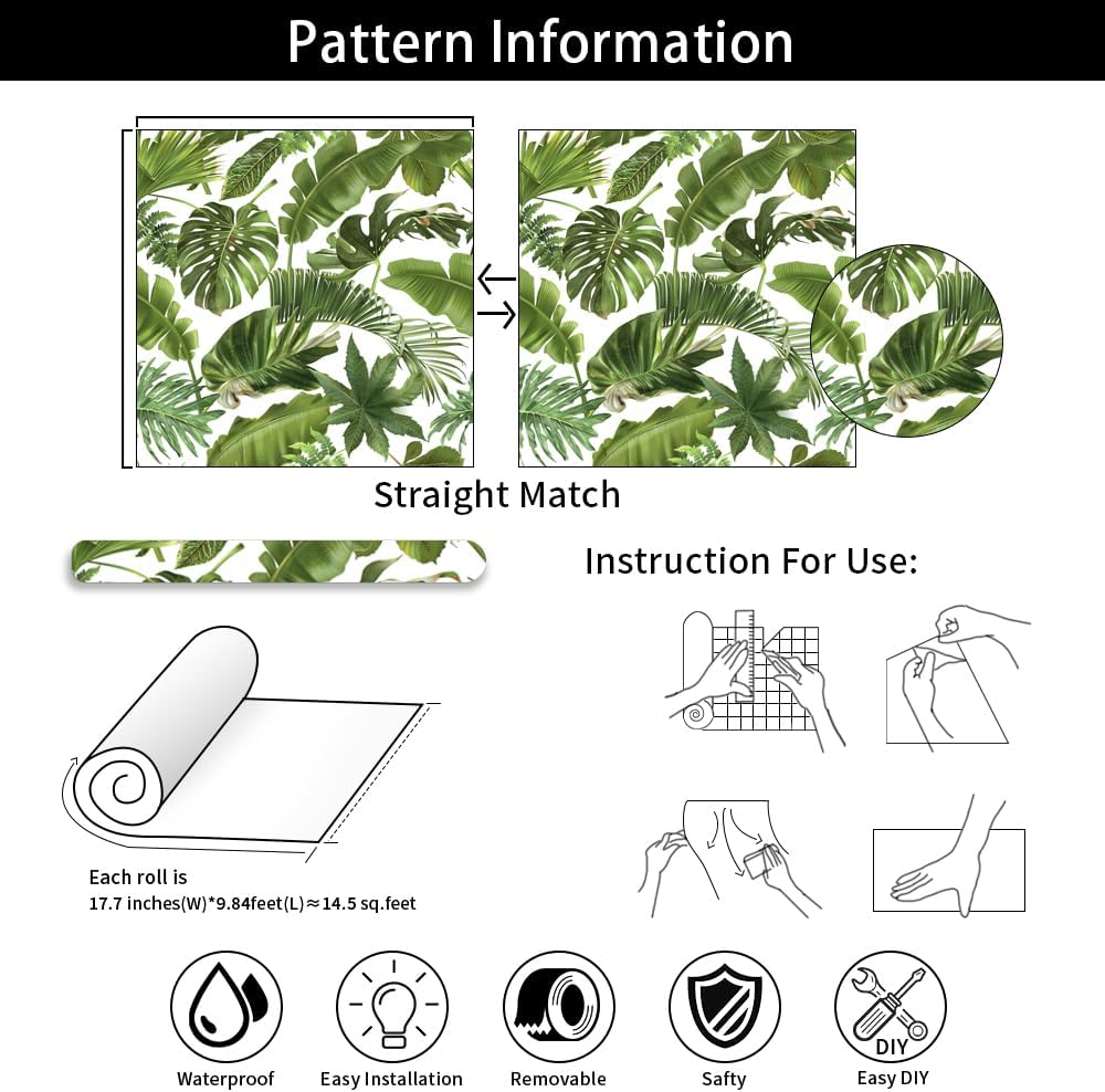 Tropical Leaves Peel and Stick Wallpaper Self Adhesive Removable Wall Paper Renter Friendly Green Palm Contact Paper for Bedroom Bathroom Shelf Liner 17.71"X236.2"