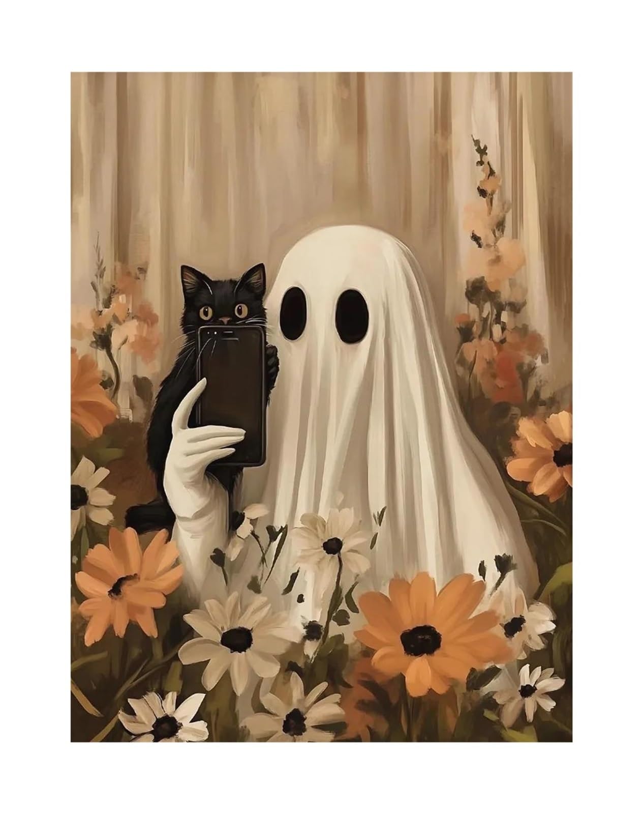 Tableau déco nature automne 30x40cm avec motif chat noir et citrouille d'Halloween sans cadre