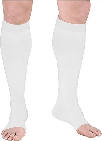 Truform Surgical Stockings, 18 mmHg Compression for Men and Women, Knee High Length, Open Toe, White, Large