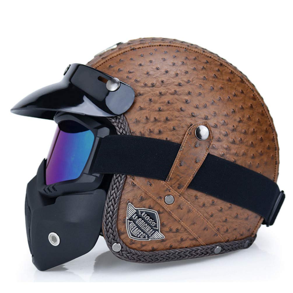 Caschi da Moto Cruiser Mezzo Casco per Caschi da Moto Retro 3/4 Open Face Casco Moto Mezzo Viso Tedesco Casco Bici E Casco Moto Uomo, Brown-C + Mask, M/Suitable for Head circumference/56-57cm