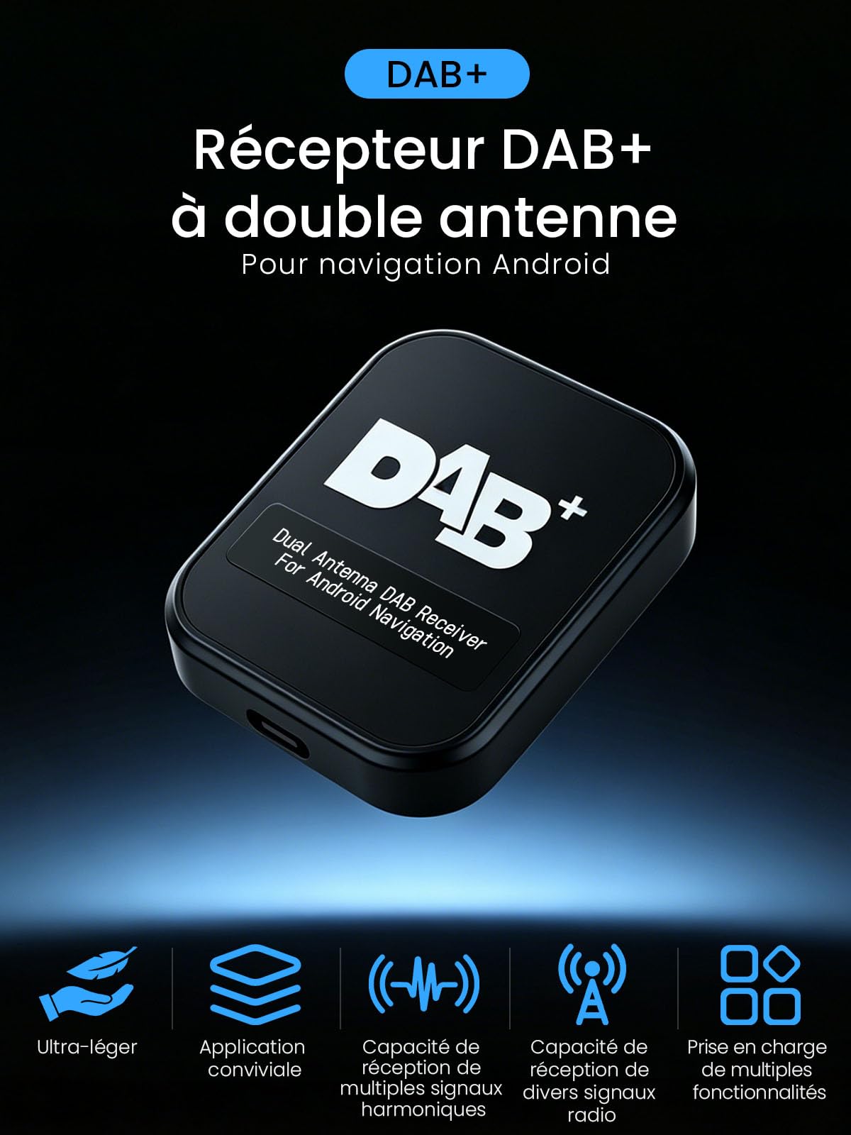 Adaptateur Récepteur Dab+ avec Antenne pour Autoradio Android 5.1+, Syntoniseur Antenne Radio Numérique avec Transmission FM, USB (Uniquement pour Les Pays disposant d'un Signal Dab)