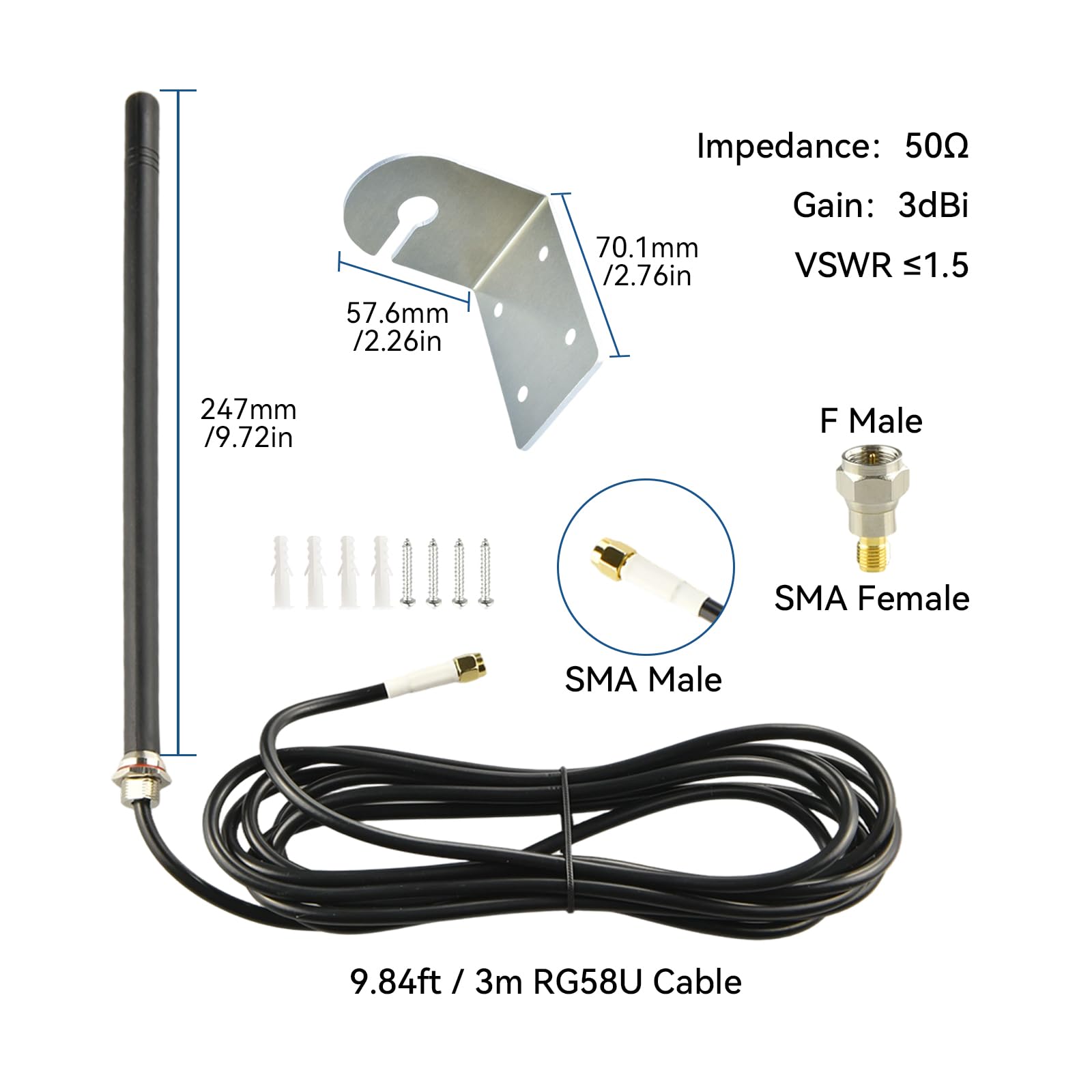 BOOBIRE Antenna 433 MHz con supporto a parete, cavo coassiale RG58U da 3 m, connettore SMA da 3 dBi, antenna omnidirezionale ad alto guadagno per apri/porta garage/ricevitore/impianto di allarme