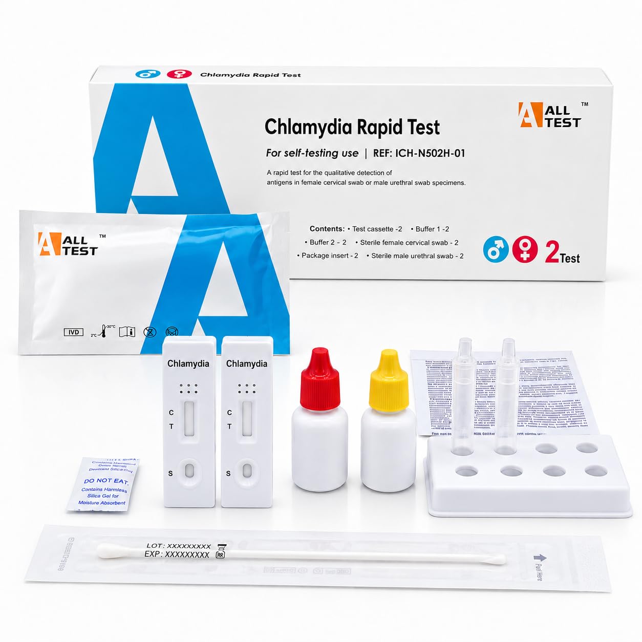 2 x Zestaw do testowania na Chlamydię ALLTEST, Domowy Test na Chlamydię dla Mężczyzn i Kobiet, Szybki Domowy Test na Chlamydię dla Kobiet, Zestaw do Testowania Chlamydii dla Mężczyzn, Prywatny Zestaw