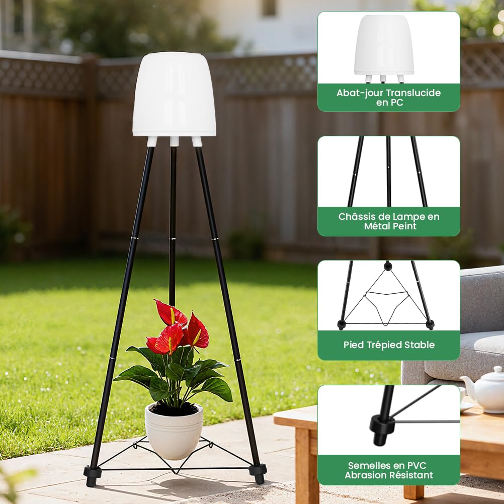 Lampadaire Solaire Exterieur RVB et Blanc Chaud, Étanche Lampe Exterieur sur Pied avec Capteur de Lumière et Trépied, Peut Contenir des Pots de Fleurs, pour Jardin, Cour, Chemin, Terrasse, Piscine