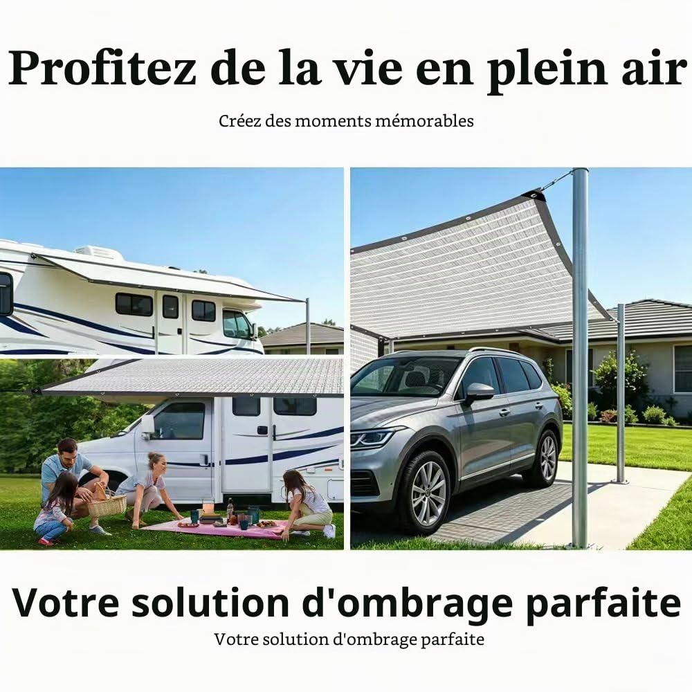 Filet d'ombrage pour voiture et chien 3x4 m, filet de protection solaire pour voiture, filet d'ombrage en aluminium, toile réfléchissante pour camping, filet d'ombrage en aluminium avec œillets 80% UV