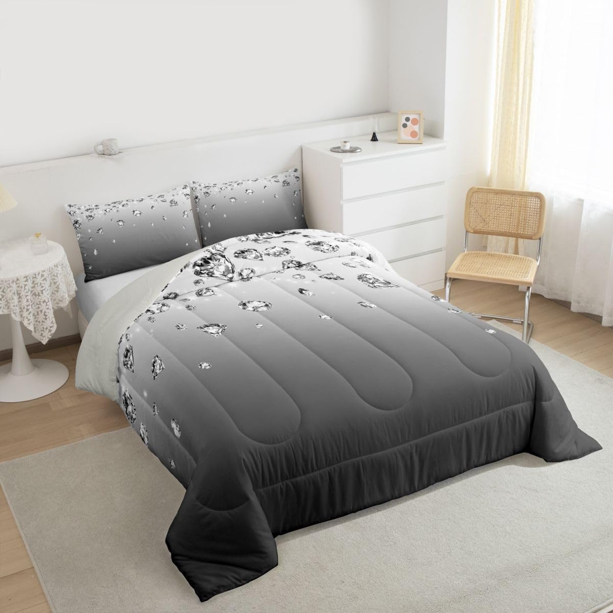 Erosebridal Gray Gradient Comforter Queen for Adult Women Men, Grey Ombre Bedding Set Modern Abstract Art Bedroom Decor Gift, Western Rustic Farmhouse Theme Duvet Insert Gradient Diamond Print Quilt