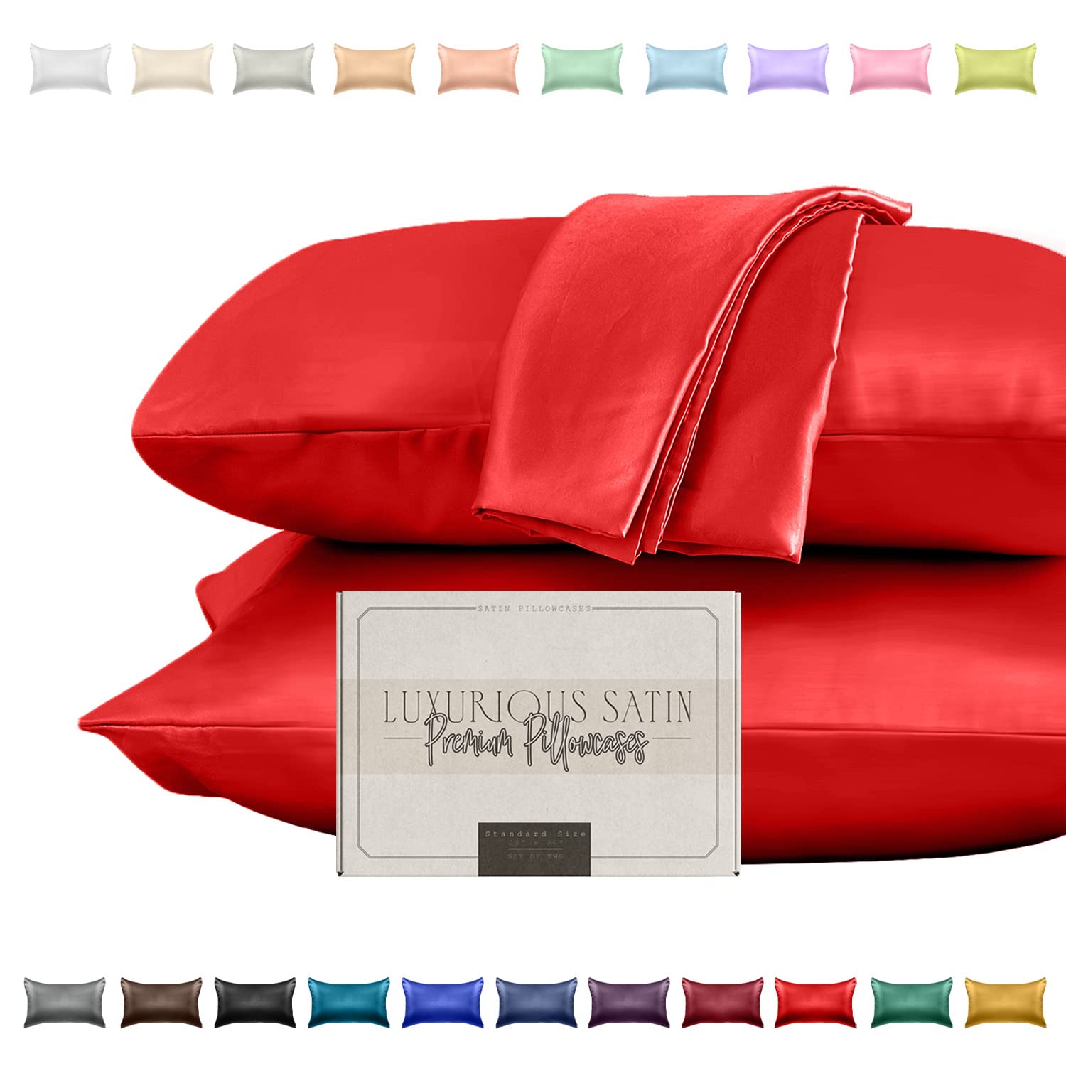 Elegant Comfort Silky and Luxurious 2-Piece Satin Pillowcase Set for Healthier Skin and Hair Hidden Zipper Closure and Beautifully Packaged