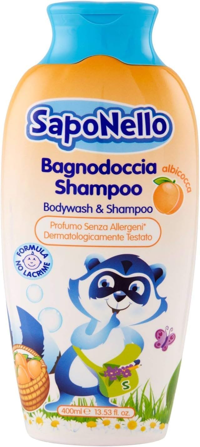 Paglieri SapoNello Bagnodoccia Shampoo Albicocca, gel doccia e shampoo con albicocca, formula senza lacrime, idratante, 400 ml, + portachiavi Italy Shop Service gratuito