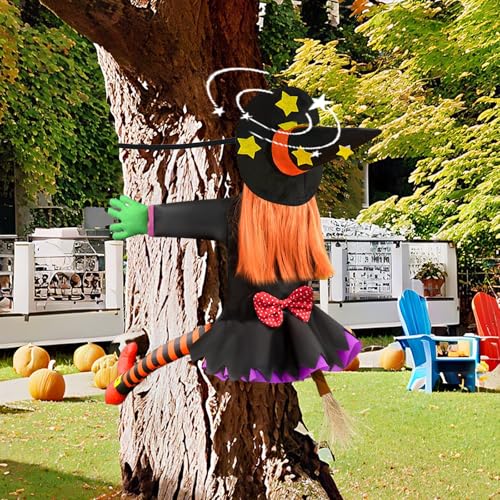 Decorazioni Halloween Esterno - Strega Volante che si Schianta contro l'Albero 100cm, ZoneYan strega che cade in albero, Ornamenti per Esterni appesi a Streghe per Cortile, Giardino