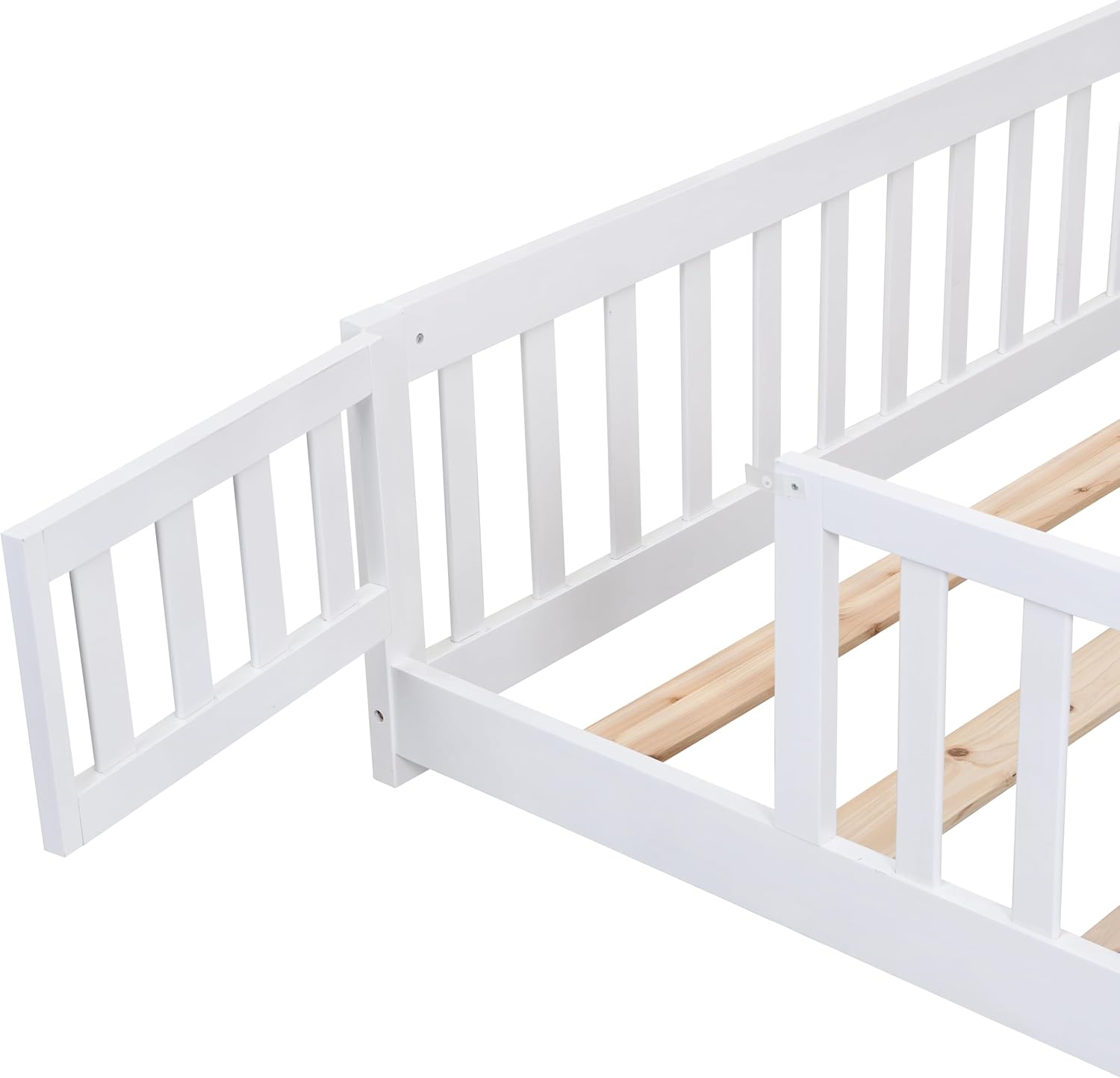 Solid Pine Wood Full Size Floor Bed with Door Fence – Safe Platform Bed Frame for Kids, Toddlers Montessori – Natural White Finish (1 Door)