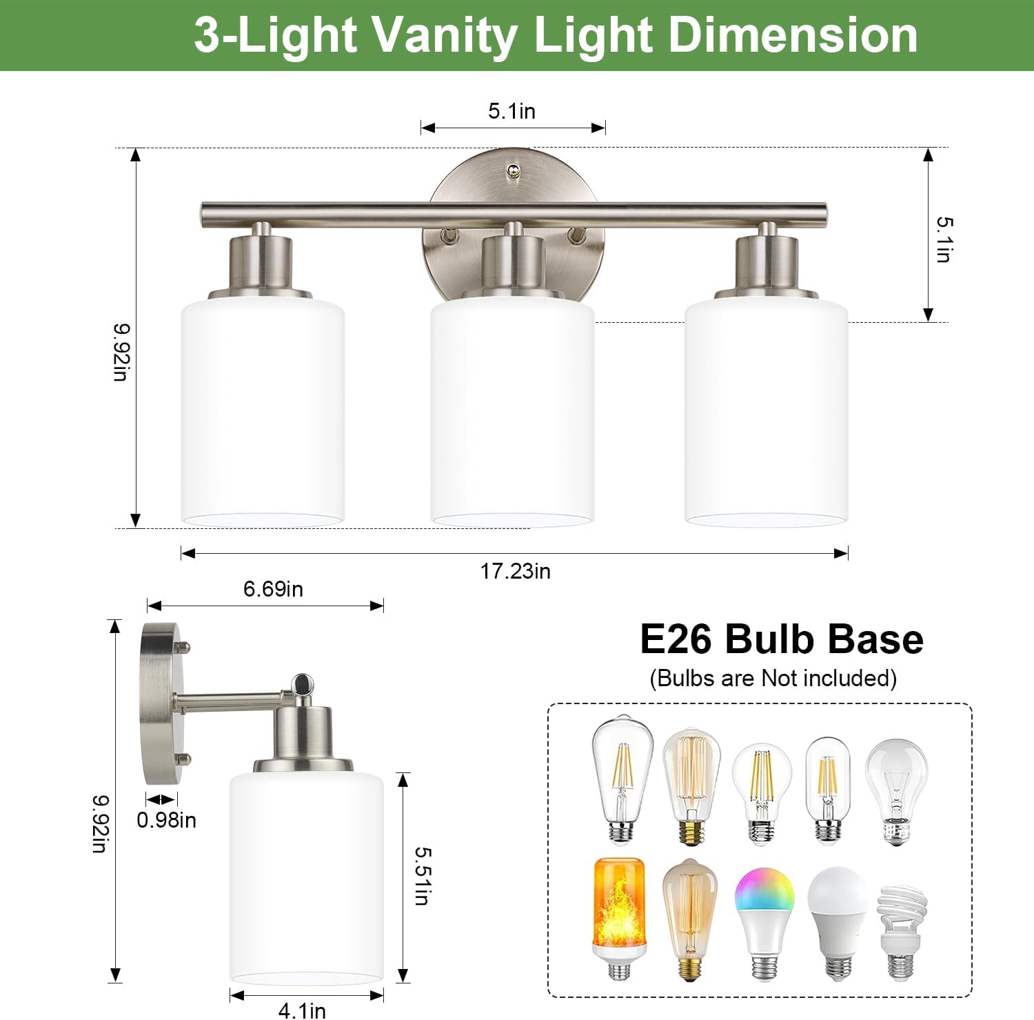 3-Light Bathroom Light Fixtures, Brushed Nickel Vanity Light, Farmhouse Wall Lights with Milky White Frosted Glass Shades, Bathroom Wall Lamp for Mirror Kitchen Bedroom Hallway Living Room thumbnail