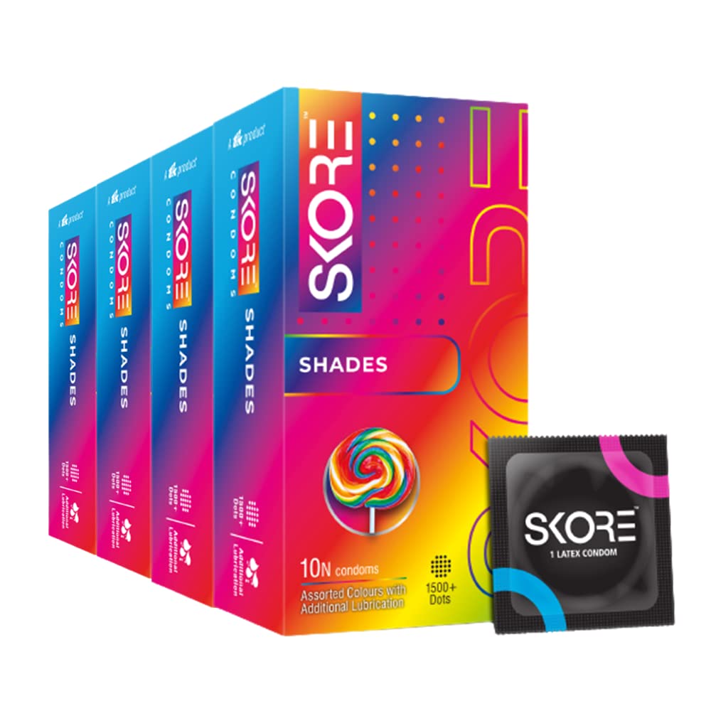 Shades Assorted Colours | Extra Lubrication | Dots | Condom, 10 pieces | 4 Packs