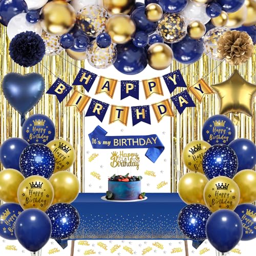 Navy Blue and Gold Birthday Decorations Blue Gold Party Decorations Set Happy Birthday Banner Latex Balloons Fringe Curtain Tablecloth Sash Pom Poms for Men Women Party Supplies