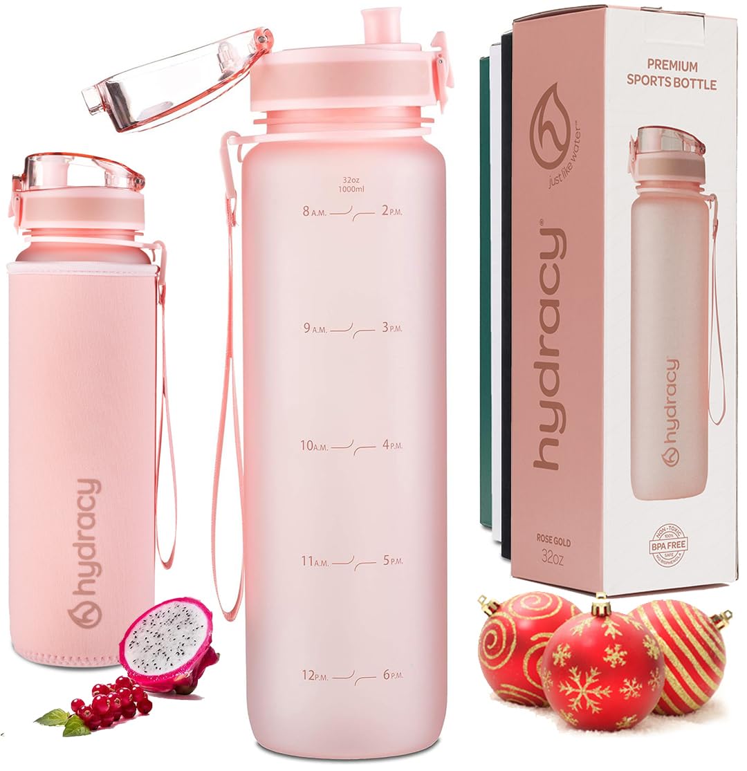Hydracy Water Bottle with Time Marker -Large 32 oz BPA Free Water Bottle & No Sweat Sleeve -Leak Proof Gym Bottle with Fruit Infuser Strainer & Times to Drink -Ideal for Fitness Sports & Outdoors